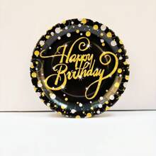 Set de 10 piezas de suministros para fiesta de cumpleaños en negro y dorado, juego de vajilla desechable dorada para fiesta de cumpleaños, platos, vasos, servilletas y mantelería de papel negro y dorado para decoración de fiesta de cumpleaños de hombres y mujeres