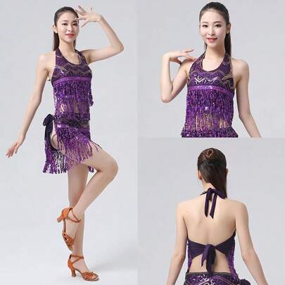 Damen glänzender Pailletten Quaste Bauch Tanz Top + Taille Kette Cocktail Kostüm Party Club Kostüm