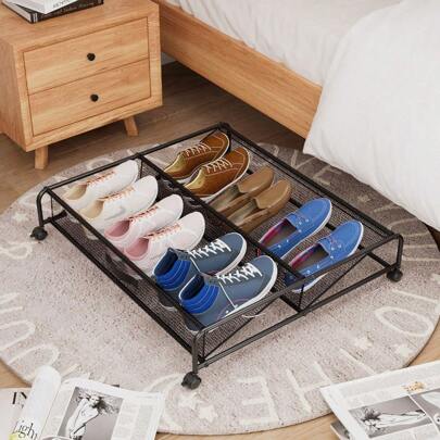 1 pieza Organizador de zapatos plegable para debajo de la cama con malla y ruedas, caja de almacenamiento metálica multiusos para mesita de noche, estante portátil para zapatos debajo de la cama, estantería de almacenamiento a pequeña escala y ahorro de espacio, rejilla de arte de hierro, estantes de depósito para almacenamiento de zapatos y telas, requisitos para un hogar acogedor