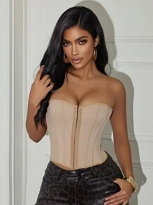 Yuwenier 复古钩扣式无肩带露脐胸衣上衣，带钢骨支撑，后背系带，露脐 - 卡其色 - 查看 3