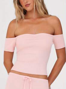 Women's Off Shoulder Knit Tops Short Sleeve Solid Color Ruched Front Slim Fit T-Shirts Dressy Shirts - Pink - View 2