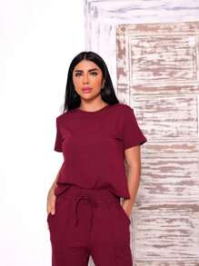 Women's Set Of Wide Leg Pants And Comfortable Sweatshirt Top Summer - 酒紅色 - 查看 5