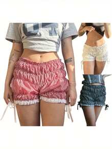 Women's Pajama Shorts Lace Trim Plaid Elastic Waist Comfy Sleep Shorts Summer Casual Pajama Bottoms
