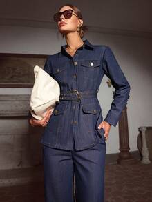 Sollinarry 2pcs Women's Spring New Denim-Like Button Front Belted Long Sleeve Jacket And Long Pants Set - Navy Blue - View 5