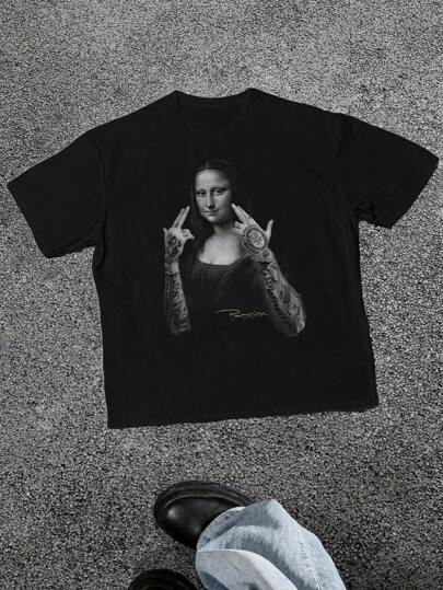 Men's Mona Lisa Graphic Print Vintage Streetwear Casual Loose Fit Round Neck Short Sleeve T-Shirt