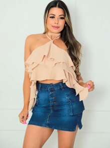 Ruffled Cropped Blouse Layered Tie Front Fashion Super Shipping!! - Beige - View 3