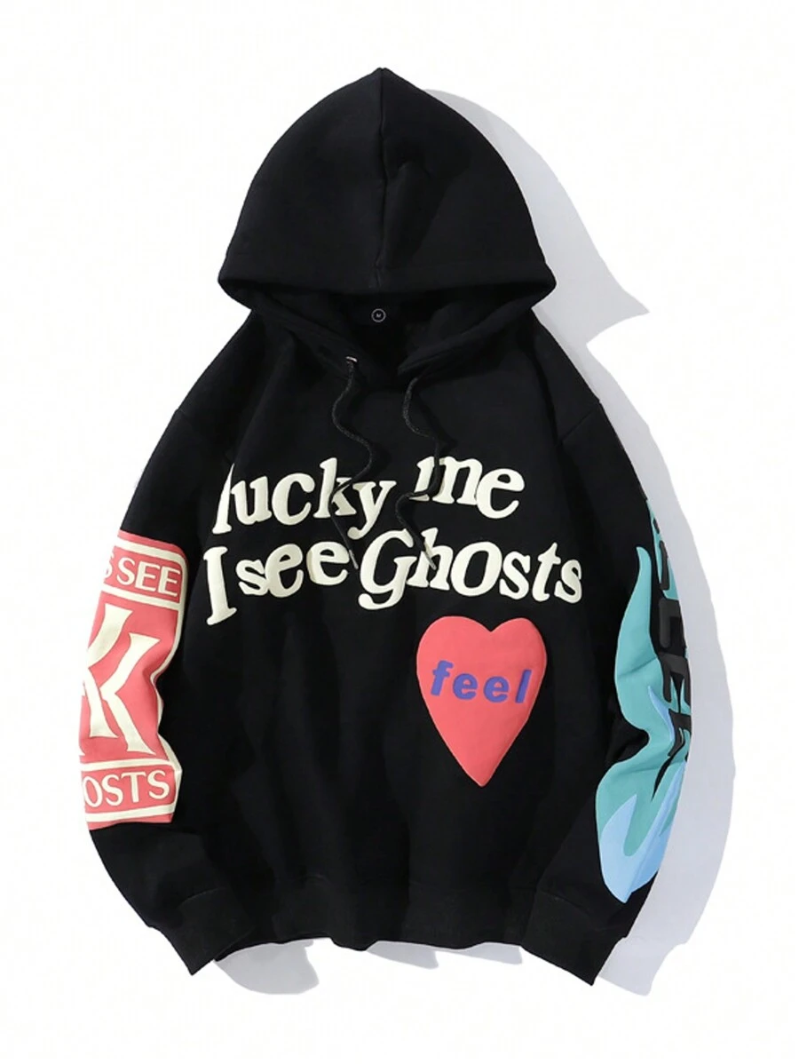 Fashion Printing Hoodies Women Autumn Casual Oversized Long Sleeve Pullovers Tops Korean Harajuku Unisex Loose Sweatshirt - 黑色 - 查看 1