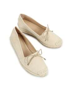 时尚绳纹坡跟女鞋，配花卉印花橡胶带和金属扣 - 米色 - 查看 3