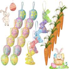 18 件复活节彩蛋饰品和胡萝卜挂饰套装，彩色泡沫复活节彩蛋树装饰，闪光人造兔子胡萝卜复活节饰品，适合复活节春季派对 - 彩色 - 查看 1