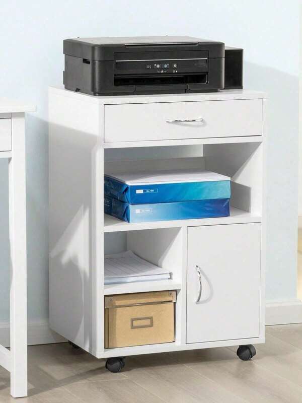 SoBuy FBT106-W Druckertisch mit Schublade und Tür Aktenschrank Rollcontainer mit Fächern Bürowagen Beistellwagen Bürocontainer weiß BHT ca: 50x75x40cm
