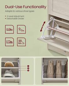 VASAGLE Shoe Cabinet With 3 Flip Drawers, Shoe Storage Cabinet, Adjustable And Removable Dividers, Holds Up To 18 Pairs Of Shoes, Entryway, 9.4 X 23.6 X 42.5 Inches - Beige - View 4