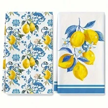 2/4pcs Lemon Print Kitchen Towels, Holiday Decorative Hand Towels, Soft Absorbent Drying Cloths, Kitchen Decor, Dining Table Decoration, Kitchenware, Home Decor