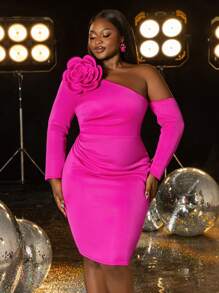 Plus-Size Elegant 3D Floral Applique One-Shoulder Bodycon Dress With Asymmetrical Sleeves, Cocktail Party & Evening Gown, Wedding Guest Dress