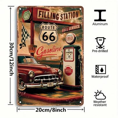 1pc Vintage Route 66 Gas Station Metal Tin Sign, Aluminum Wall Art Decor For Garden, Bedroom, Garage - Retro Filling Station Theme, Ideal For Christmas Decoration And Birthday Gifts,Canvas,Poster Graduation