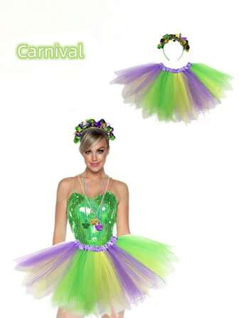 Rochie asimetrică din tul bufantă cu 2 bucăți pentru cosplay de carnaval + set de bandă cu paiete, costum de carnaval, cină sau petrecere de ziua de naștere, potrivit pentru fete și femei, bal de absolvire violet și verde, Halloween