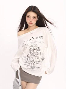 涂鸦露肩 T 恤防晒宽松上衣，女士长袖薄款夏季休闲罩衫 - 白色 - 查看 7