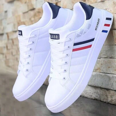 Zapatos Casuales Clásicos con Cordones,Zapatillas con Cordones, Suaves y Cómodas,Resistentes al Desgaste e Impermeables, Casuales y Bajas con Cordones Planos.Zapatos Deportivos De Competencia De Aeróbicos Blancos, Ligeros Y Antideslizantes,iadecuados Para Entrenamiento Y Actuación En Interiores!Zapatillas de deporte para hombre,Zapatos de skate transpirables y modernos para hombre, blancos, de estilo bajo y casuales,Zapatillas de skate para hombres con diseño de rayas, con cordones-Parte superior de piel de PU resistente al desgaste, interior de tela transpirable, plantilla de tela,suela de PVC antideslizante, punta redonda, perfectas para uso casual al aire libre en otoño, primavera,verano,invierno