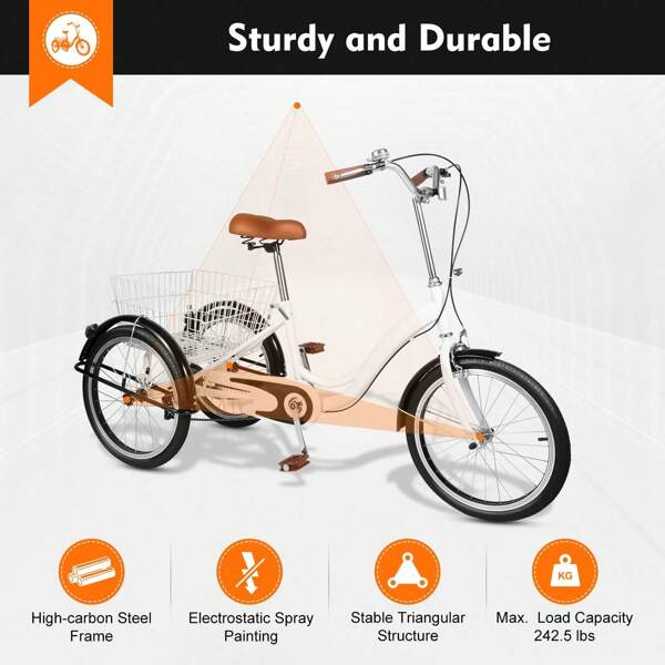 kangten 20" Dreirad für Erwachsene 20 Zoll Dreirad für Erwachsene Senioren Damen Männer Multifunktionale Fahrrad Kreuzfahrrad mit Einkaufsaufbewahrungskorb