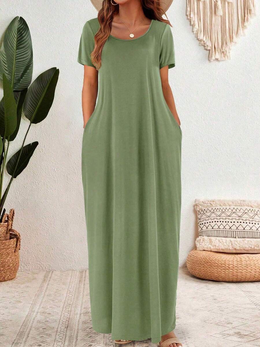 夏季女士休闲海滩度假长裙，带侧条纹斜口袋