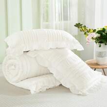 3 Pieces Beige Textured Comforter Set Queen King,Ruffle Farmhouse Shabby Chic Comforter For Queen Bed,Soft Seersucker Boho Bedding Set With 1 Ruffle Comforter,2 Tufted Pillowcases