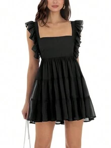 方领褶皱荷叶边迷你连衣裙女式夏季可爱褶边无袖性感露背系带连衣裙 - 黑色 - 查看 4