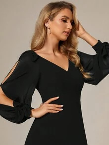 Spring Split Sleeve Split Thigh Chiffon Black Bridesmaid Dress For Wedding - Black - View 6