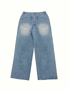 Men's Water Washed Blue Patchwork Fringe Streetwear Fashion Casual Jeans