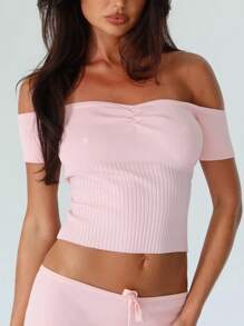 Women's Off Shoulder Knit Tops Short Sleeve Solid Color Ruched Front Slim Fit T-Shirts Dressy Shirts - Pink - View 1