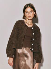 Women Y2K Button Front Crop Sweater Cardigan Solid Color Crew Neck Long Sleeve Knit Fall Tops Streetwear - Chocolate Color - View 2