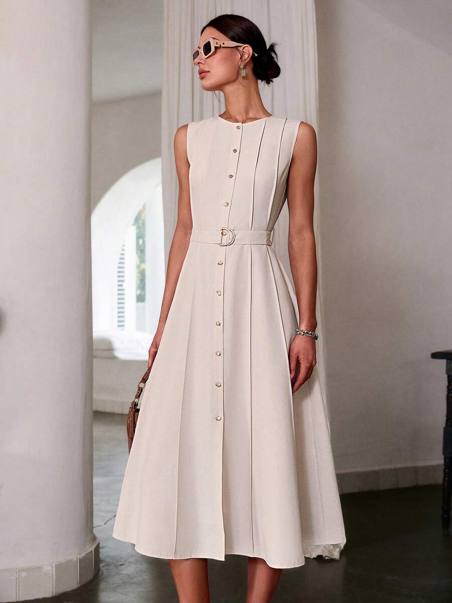 Sollinarry Women's Autumn New Simple Solid Color Sleeveless Waist Cinched Long Dress, Vintage Style, Suitable For Office Wear, Teacher Attire