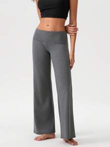 Women's Baggy Pants Foldover Waist Solid Color Loose Wide Leg Pants - Màu xám đen - Xem 1