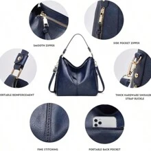 Pahajim Ensemble de sac à main grand modèle en PU 3 pièces avec sac à bandoulière et porte-monnaie, sac bandoulière adapté pour l'école et le bureau pour femme - bleu foncé - Voir 5