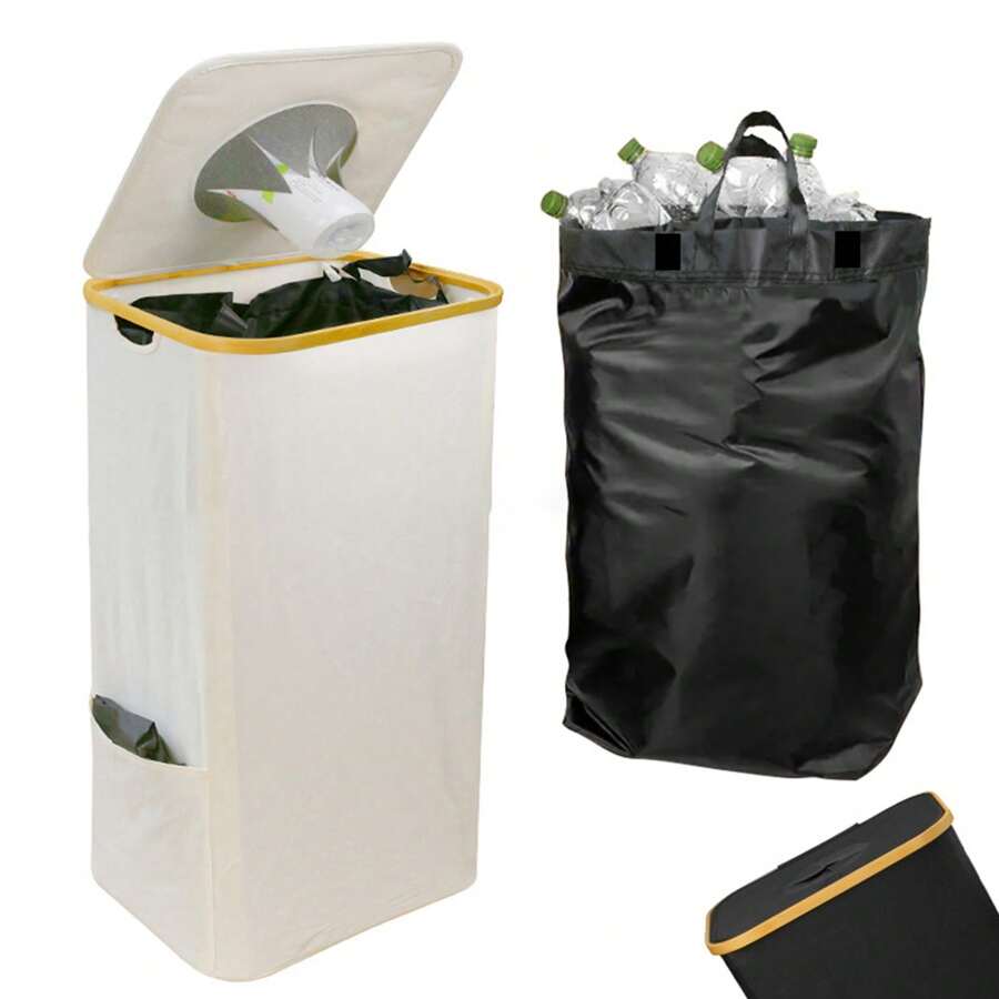 105L Recycling Bin With Lid 2 Removable Reusable Inner Bag For Empty Plastic Bottles, Storage Empty Bottle Collector For Home - 米色 - 查看 1