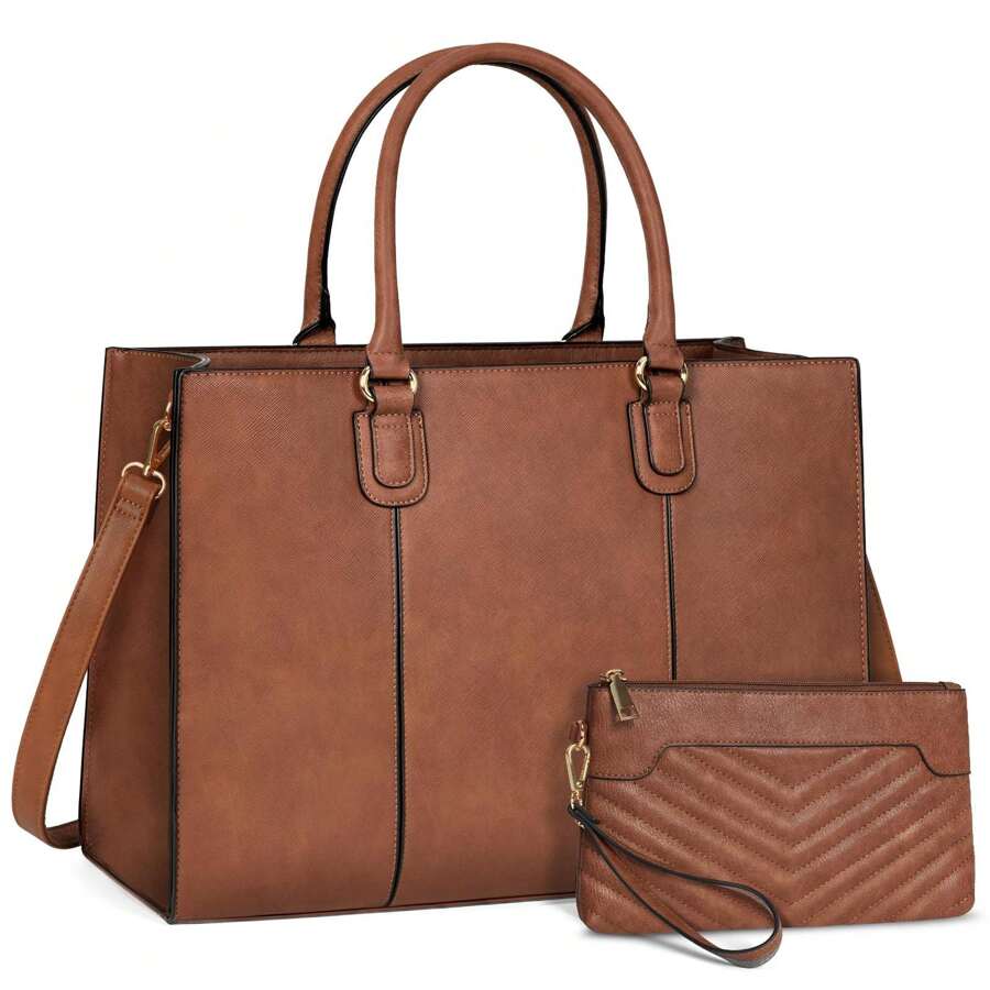 Laptop Bag For Women 15.6 Inch Work Tote Bags Leather Computer Bag With Clutch Purse Professional Office Briefcase Waterproof Handbag Shoulder Bag For Business Travel College - 棕色 - 查看 1