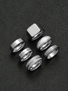 6 pièces Ensemble de bagues pour hommes en acier inoxydable de couleur or avec décor en forme de losange, convient pour un port quotidien, cadeau de bijoux - Argent - Voir 16