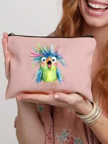 Bolsa de maquillaje de gran capacidad con estilo, bolsa de maquillaje de viaje, bolsa con cremallera de unicolor, bolsa de belleza, bolsa de lona, estampada con un colorido patrón de pájaros, adecuada para almacenamiento diario, despedida de soltera y bolsa de aseo, kit de maquillaje de dama de honor, bolsa de regalo de dama de honor, bolsa de almacenamiento de viaje para bodas con cremallera, bolsa de maquillaje ideal de compras de diseño reciente