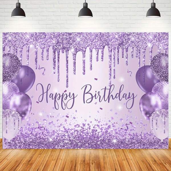 Purple Glitter Birthday Background With Balloons And "Happy Birthday" Text - Suitable For Party Decoration