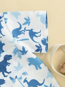 Boys Summer Set, Lapel Neck Short Sleeve Button Down Tops + Elastic Waist Shorts Toddler 2 Piece Dinosaur Outfits - Deep Sky Blue - View 4