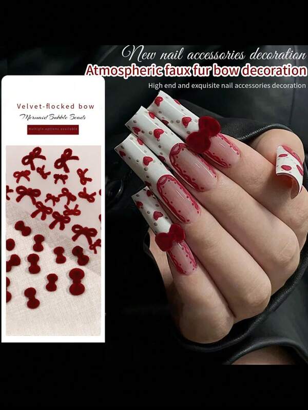 A Piece (20/40/45/50/95) Wine Red Nail Decoration Bow Flocking Multiple Styles Autumn And Winter Atmosphere Nail Art Furry Festive Jewelry Set ABS Material Multiple Sets, Can Be Sent To Girls, Mothers, Friends