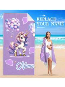 1 szt. Spersonalizowany tekst Ręcznik plażowy, Fioletowy koc plażowy z nadrukiem balonu na gorące powietrze i jednorożca, Super chłonny ręcznik do pływania, Wygodny ręcznik plażowy, Modny ręcznik basenowy, Delikatna mata do jogi, Akcesorium plażowe, Idealny prezent na święta, Dostępny w różnych rozmiarach, Nadaje się do pływania, kempingu i podróży, Prezent walentynkowy dla kobiet Urodziny Chłopak Dziewczyna Lato Wystrój łazienki Podstawowe elementy plaży