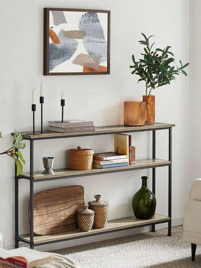 SoBuy FSB49-PZ Vintage Console Table With 3 Shelves, Metal Hallway Table, Decorative Table, Sideboard, Narrow Side Table, Sofa Table, Natural/Black, WDH Approx.: 120x77x20cm