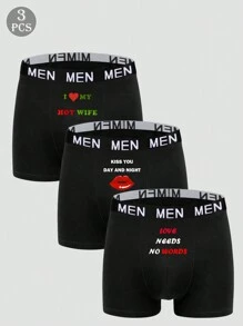 3 Pieces Men's Black Simple Letter Printed Pattern Comfortable Breathable Stretchy Regular Briefs - Black - View 1