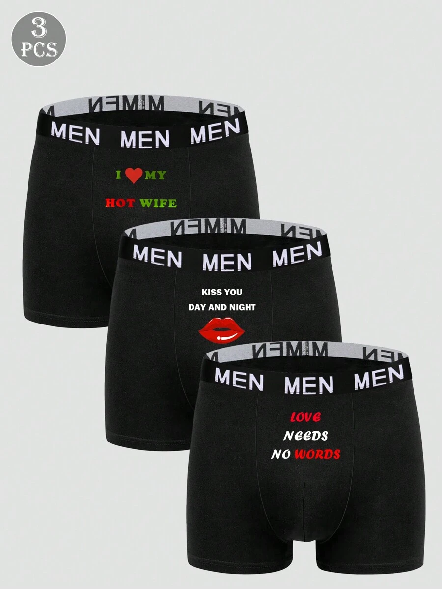 3 Pieces Men's Black Simple Letter Printed Pattern Comfortable Breathable Stretchy Regular Briefs - Black - View 1