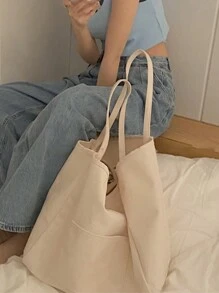 純色帆布極簡大容量時尚托特包，百搭 Ins 風購物袋，優雅必備單品 - 白色 - 查看 4