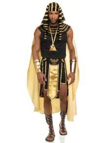 Men Egyptian Costume Set, 7 Pcs Golden Trim Tank Tops Skirt Arm Sleeves Headwear Necklace Halloween Cosplay Outfits - màu đen - Xem 1