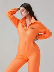 Adult Halloween Prisoner Costume Number Print Long Sleeve Lapel Front Zipper Overalls Jumpsuit Jail Criminal Clothes - Orange - View 5