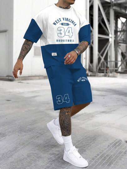 2 件套男士休闲运动套装，圆领短袖拼色上衣和短裤