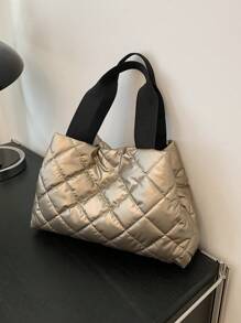 Large Capacity Solid Color Commuter Tote Bag, New Design Textured Plaid Handbag For College Students, Shoulder Bag With Embroidered Plaid