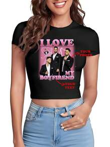 Camiseta personalizada de mujer y camisa ajustada - Agrega tu propio texto/imagen (insignia/logotipo de empresa/foto familiar/selfie) para diseñar tu camiseta impresa personalizada, logo | Negocio | Regalo de boda | Ropa de fiesta | Regalo de cumpleaños | Disfraz de Halloween | Ropa navideña, Regalo de aniversario, Día de San Valentín, Navidad, Acción de Gracias, Patrón de Año Nuevo - Negro - Ver 2