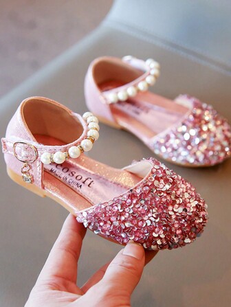 1Pair Girls Leather Shoes Spring Summer Fashion Sequins Pearl Baby Girl Shoes Kids Princess Shoes Soft Bottom Non-Slip